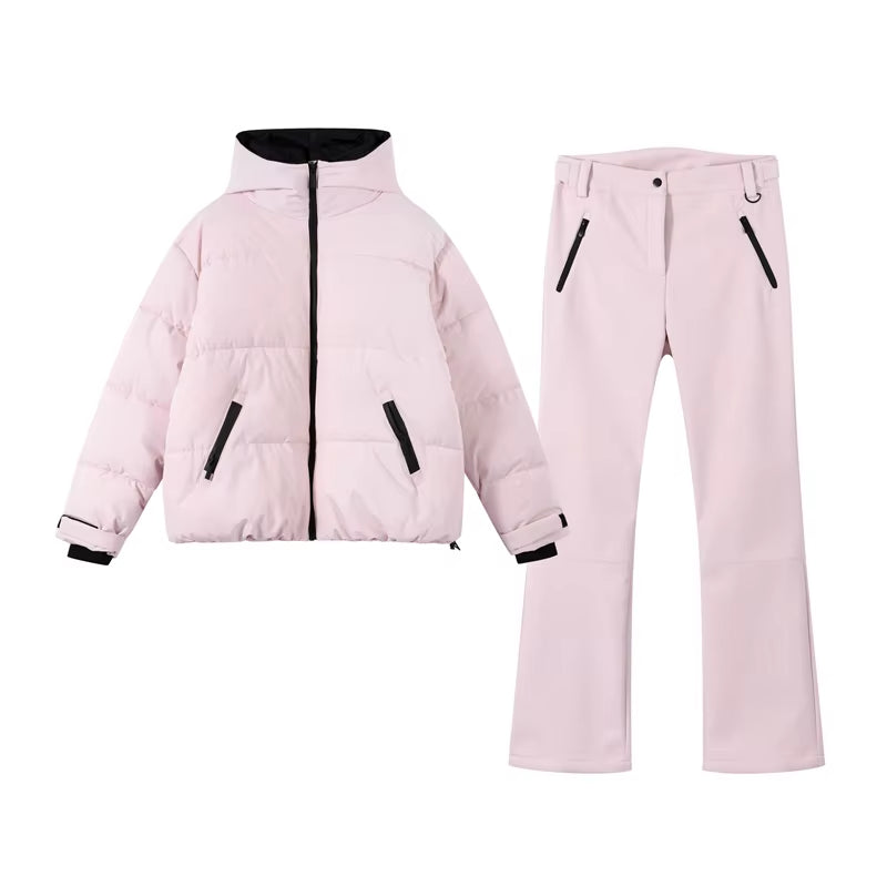Fashion Solid Color Ski Suit Women'S Hooded Full Sleeves Zippers Warm Coats High Waist Pants 2025 Autumn Winter Lady Tracksuit