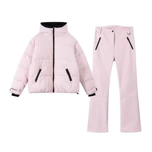 Fashion Solid Color Ski Suit Women'S Hooded Full Sleeves Zippers Warm Coats High Waist Pants 2025 Autumn Winter Lady Tracksuit