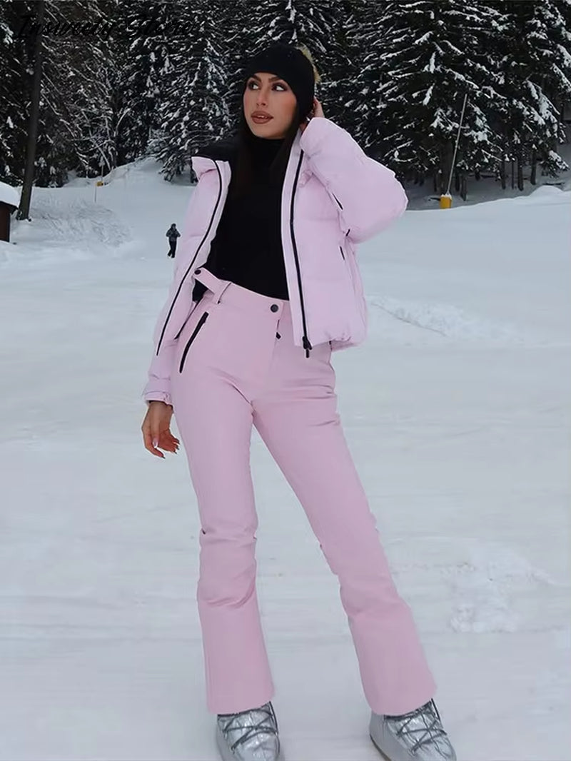 Fashion Solid Color Ski Suit Women'S Hooded Full Sleeves Zippers Warm Coats High Waist Pants 2025 Autumn Winter Lady Tracksuit