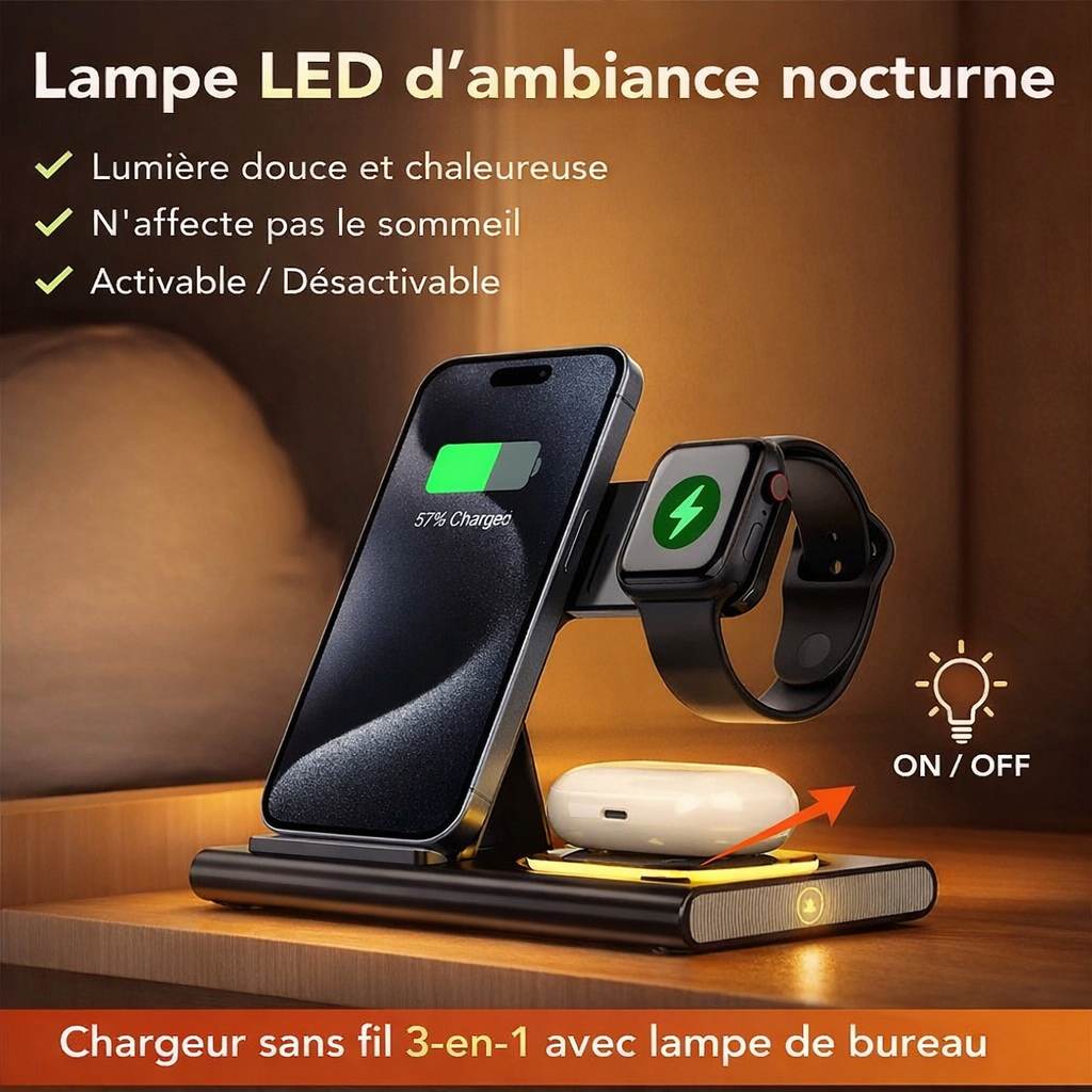 🔋 Chargeur sans fil 3-en-1- iPhone+ Apple Watch + AirPods