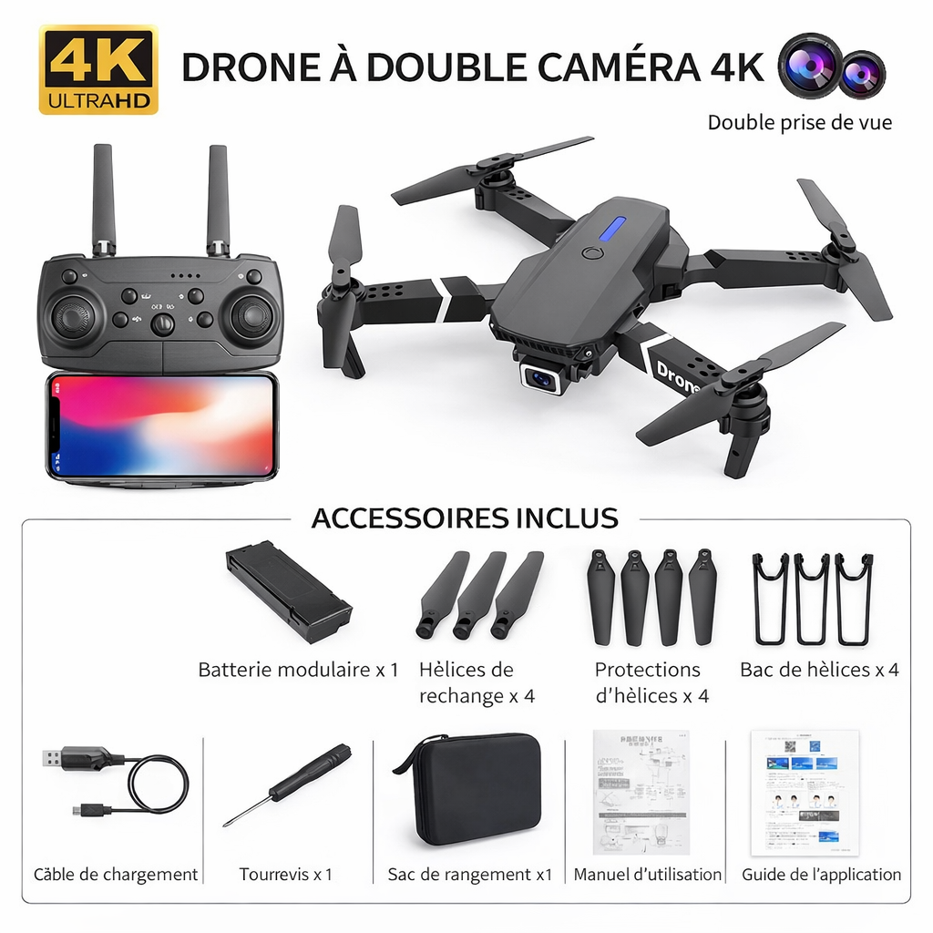 Drone E88 4K – Double caméra & FPV Wi-Fi | Idéal débutant