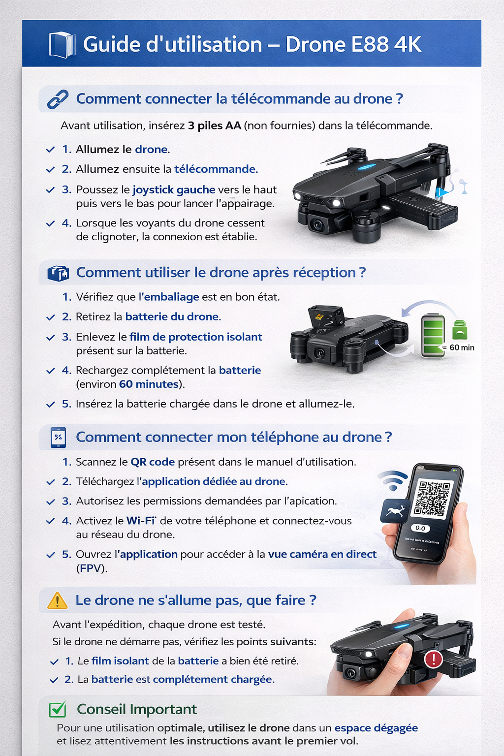 Drone E88 4K – Double caméra & FPV Wi-Fi | Idéal débutant