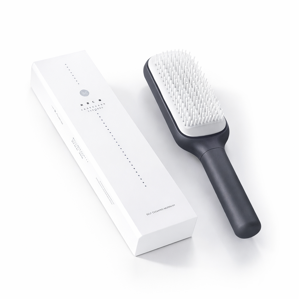 Brosse à cheveux auto-nettoyante rotative gris avec coussin massant et emballage
