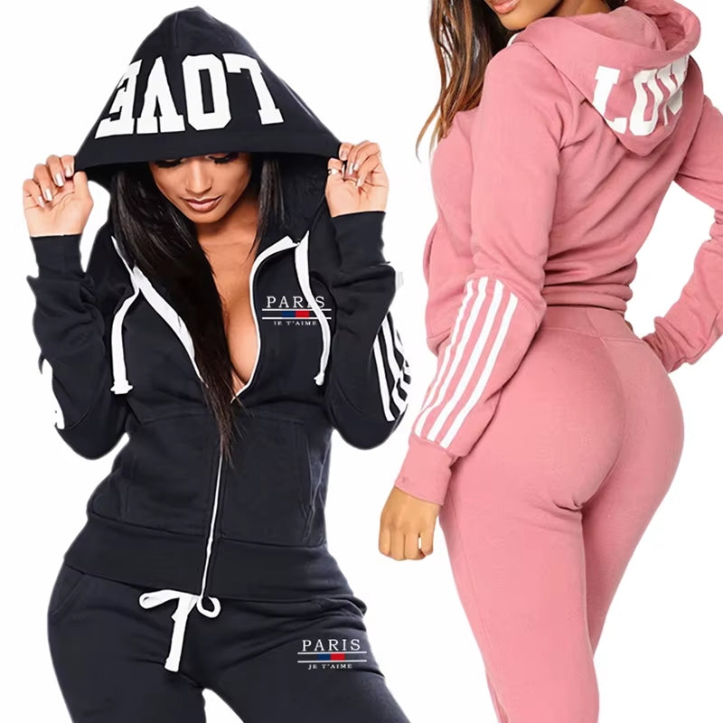 Casual Women'S Tracksuit Printing Zipper Hooded Sweatshirt Sweatpants Set Sports Jogging Woman Clothing Morning Run Sportswear